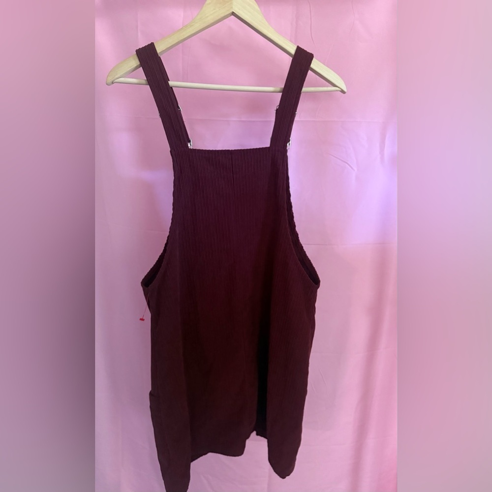 Burgundy Overall Mini Dress Corduroy Pinafore - Picture 2 of 4